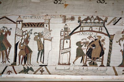 32: De verschijning van de komeet; 33: Een boodschapper waarschuwt koning Harold II (1022 - 1066) - Tapijt van Bayeux, bekend als Borduurwerk van Koningin Mathilde door Unknown artist