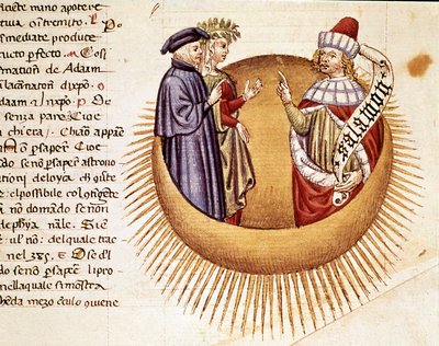 4e Hemel: Dante en Beatrice ontmoeten koning Salomo. Verlichte pagina die een lied van het Paradijs illustreert uit de 