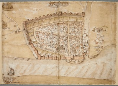 Een 16e-eeuwse weergave van de stad Hull. Deze kaart toont de stad Hull, gelegen waar de rivier de Hull uitmondt in de Humber-estuarium. Het is een van een reeks plannen die werden getekend om de staat van de kustverdediging in de late 1530s te tonen door Unknown artist
