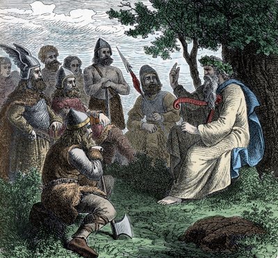 Een bard die voordraagt aan Noormannen - Vikingbeschaving: Een bard druïde draagt poëzie voor aan krijgers, 8e-9e eeuw door Unknown artist