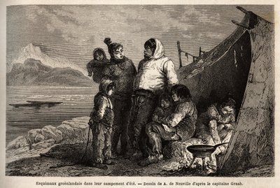 Een Groenlandse Inuit-familie in hun zomerkamp van huiden. Gravure ter illustratie van de reis naar de vrije zee van de Noordpool, door Doctor Hayes, chirurg van de Amerikaanse marine, in 1860-1862, gepubliceerd in 