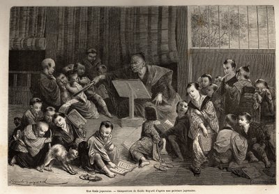 Een Japanse school, voor de instructie van jonge jongens, hurkend rond hun leraar, leren ze door recitatie-oefeningen de elementen van het alfabet en de grammatica. Gravure ter illustratie van de reis naar Japan in 1863-1864, door Aimé Humbert, minister va door Unknown artist
