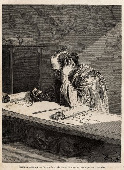 Een Japanse schrijver aan zijn werktafel, bewerkt een tekst op een lange rol die hij oprolt of afrolt naargelang de voortgang van zijn taak. Gravure ter illustratie van de reis naar Japan, in 1863-1864, door Aime Humbert, minister van de Zwitserse Confeder door Unknown artist