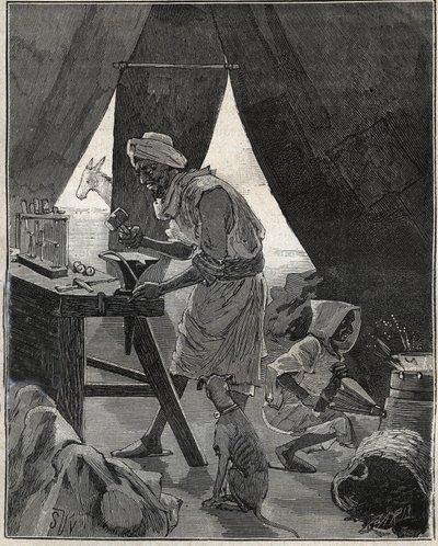 Een Kabyle juwelier in Algerije in de 19e eeuw. Gravure uit 1885 in 