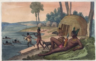 Een Korah Hottentot dorp aan de linkeroever van de Oranjerivier - gravure uit 