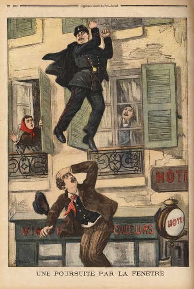 Een politieagent uit Montreuil aarzelt niet om uit het raam te springen om een inbreker te achtervolgen door Unknown artist