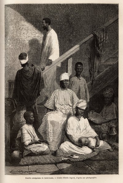Een Senegalese familie uit Saint Louis. Gravure ter illustratie van een cruise langs de kust van Afrika, door Vice-admiraal Fleuriot de Langle, in 1868, gepubliceerd in Le tour du monde, 1872, onder redactie van Edouard Charton, editie Hachette, Parijs. Se door Unknown artist