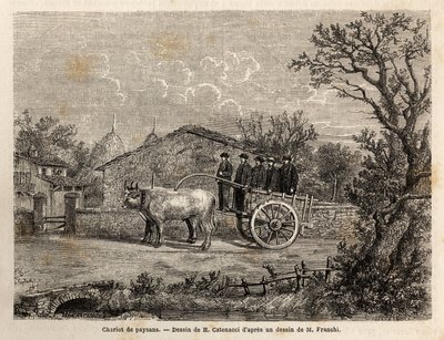 Een Sienese kar van boeren, met twee wielen, voor het transport van wijnvaten, getrokken door een paar kleine witte ossen. Gravure om een reis naar Siena (Italië) in 1865 te illustreren, in 