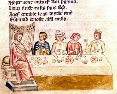 Een banketscène: een koning en zijn gasten - Miniatuur uit het codex “The Entrree of Spain” (Ms.Franc.21) 14e eeuw. Biblioteca Marciana, Venetië door Unknown artist