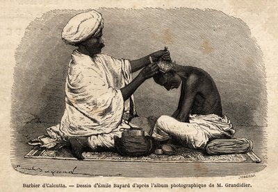 Een barbier aan het werk in de straten van Calcutta. Gravure ter illustratie van de reis in de zuidelijke provincies van India, door Alfred Grandidier, in 1862-1864, gepubliceerd in Le tour du monde, nouveau journal des voyages, onder redactie van Edouard  door Unknown artist