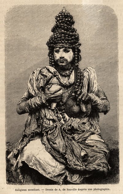 Een bedelmonnik. Gravure ter illustratie van de reis in de zuidelijke provincies van India, door Alfred Grandidier, in 1862-1864, gepubliceerd in 