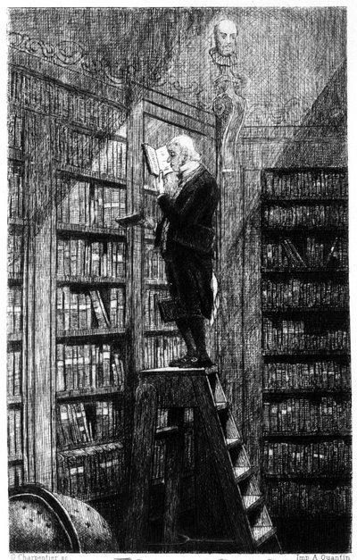 Een bibliothecaris op zijn ladder die boeken op planken onderzoekt. Gravure uit de 19e eeuw door Unknown artist
