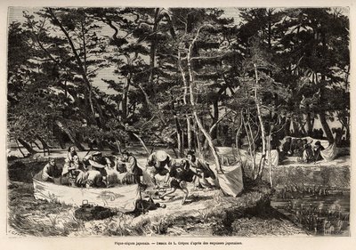 Een bourgeois picknick in de buitenwijken van Edo (het huidige Tokio), binnen een stoffen omheining, gasten, meestal twee families, delen hun maaltijd en vaak geschikt voor de gelegenheid voor muzikanten, dansers en pantomimes. Gravure ter illustratie van  door Unknown artist