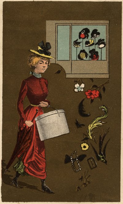 Een burgerlijke vrouw met een hoedendoos, anonieme chromolithografie, eind 19e eeuw. door Unknown artist