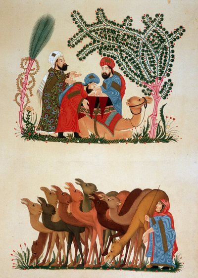 Een karavaan in beweging. Illustratie van de 13e eeuw van de 