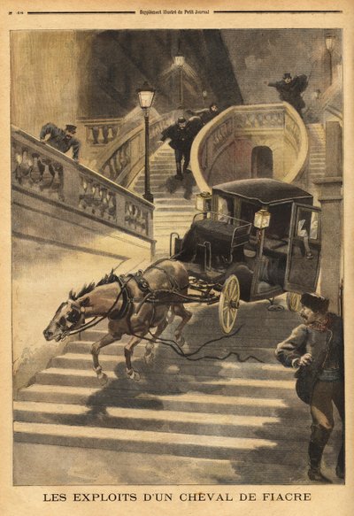 Een koetspaard, verlaten door zijn koetsier, gaat de trappen van Rue d