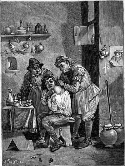 Een kwakzalverchirurg in de 18e eeuw onderzoekt een schouderblessure. (Van een gravure uit die tijd). Gravure in 