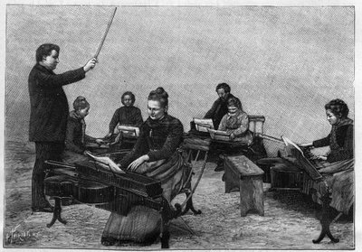 Een concert van monocords uitgevoerd door jonge meisjes. Gravure in 