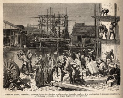 Een bouwplaats voor een Europees huis in Edo (Tokio) met steenhouwers, terrassiers, mortelmakers, stukadoors en timmerlieden die daar werken. Gravure ter illustratie van de reis naar Japan, door Aime Humbert, minister van de Zwitserse Confederatie, in 1863 door Unknown artist
