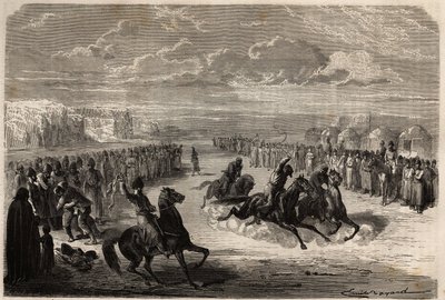 Een wedstrijd van worstelen met blote handen en een paardenrace onder de Turkmenen door Unknown artist