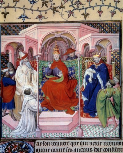 Een raad voorgezeten door paus Clemens V (1264-1314) (in aanwezigheid van een koning waarschijnlijk Filips de Schone). Miniatuur uit La Fleur des histoires de la terre d