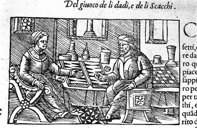 Een paar dat dobbelstenen speelt. Gravure naar 