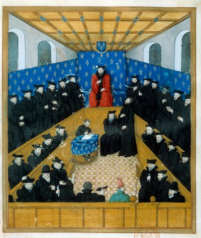 Een rechtbank in de 15e eeuw. Miniatuur. Parijs, B N door Unknown artist