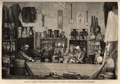 Een curiositeitenwinkel in Yokohama. Gravure ter illustratie van de reis naar Japan, door Aime Humbert, minister van de Zwitserse Confederatie, in 1863-1864, gepubliceerd in 