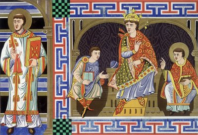 Een diaken, een nobele figuur, een koning en een bisschop die de mensen van de tiende eeuw illustreren; Illustratie van de negentiende eeuw uit 