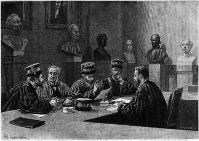Een verdediging van deze uit de medische school van het Latijnse Kwartier in Parijs. Gravure in 