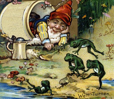 Een dwerg of farfadet speelt met kikkers. Chromolithografie uit de 19e eeuw door Unknown artist