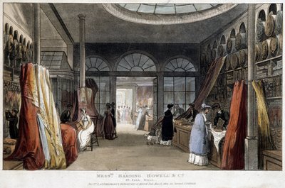 Een stoffenwinkel in Londen (Engeland) - Lithografie rond 1800 door Unknown artist