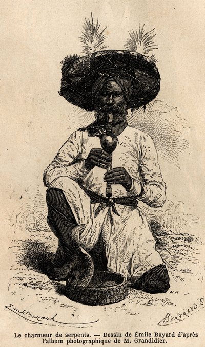 Een fakir, slangenbezweerder. Gravure ter illustratie van de reis in de zuidelijke provincies van India, door Alfred Grandidier, in 1862-1864, gepubliceerd in 