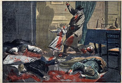 Een vermoorde familie: moord op de familie Leblond door Caillard, een waanzinnige, in Nassandre, nabij Bernay. Illustratie in 
