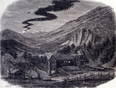 Een fantastische jacht of Menee in de Vogezen, een nachtelijke storm die volgens volkslegendes zich manifesteert na een vloek of een sabbat van heksen. Gravure uit de 19e eeuw door Unknown artist