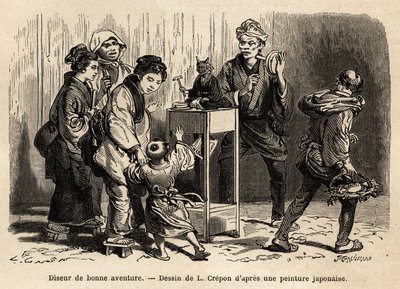 Een waarzegger in de straten van Edo (nu Tokio). Gravure ter illustratie van de reis naar Japan, door Aime Humbert, minister van de Zwitserse Confederatie, in 1863-1864, gepubliceerd in Le tour du monde, onder leiding van Edouard Charton, Hachette, Parijs door Unknown artist
