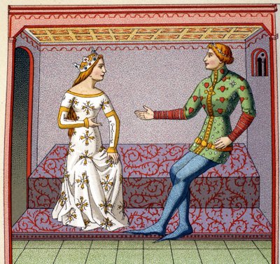 Een galante scène in de Middeleeuwen: een jonge man het hof maakt aan een prinses. Faux college naar een manuscript. 19e eeuw. door Unknown artist