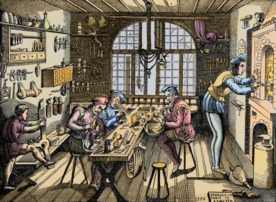 Een goudsmid werkplaats - Ambacht: zicht op de werkplaats door Etienne Delaune (1518-1583), goudsmid, Franse drukker. Gravure naar een origineel uit 1576 door Unknown artist