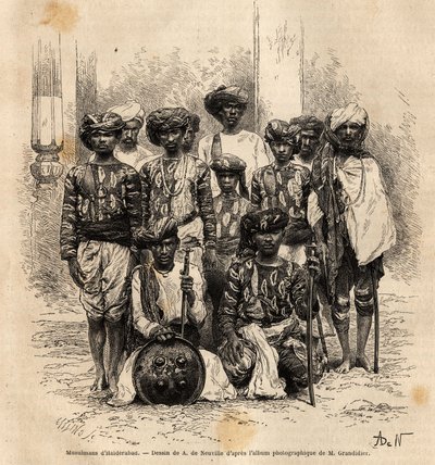 Een groep moslimmannen in Haiderabad, Pakistan. Gravure ter illustratie van de reis in de zuidelijke provincies van India, door Alfred Grandidier, in 1862-1864, gepubliceerd in 