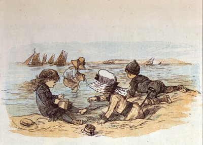 Een groep kinderen die bij het water op het zand spelen. 1881 door Unknown artist