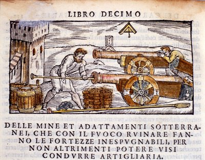 Een kanonnier die een kanon met explosieven laadt. Gravure uit 