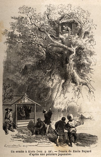Een kluizenaar in Kyoto, geïsoleerd in een hut genesteld in de takken van een boom op een klein eiland. De kluizenaar kan alleen rekenen op de vrijgevigheid van de inwoners van de regio die hem van voedsel voorzien. Tegenover zijn boom verwelkomt een klei door Unknown artist