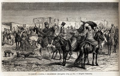 Een paardentocht in Shurakhan (Kirgizië). Illustratie van de reis naar Centraal-Azië, in 1863, door Arminius Vambery (Hongaarse wetenschapper vermomd als derwisj). Gravure in 