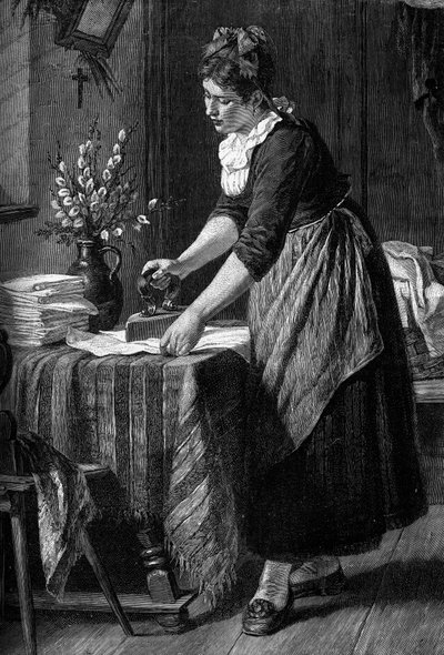 Een huishoudster strijkt in een bourgeois huis. Gravure in het tijdschrift "La jeunesse" door Unknown artist