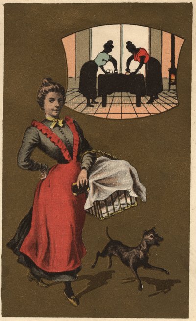 Een wasmachine die wasgoed in een mand draagt. Anonieme chromolithografie, eind 19e eeuw. door Unknown artist
