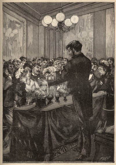 Een goochelaar die een nootmuskaatdoos gebruikt om een bal te laten verschijnen en verdwijnen. Gravure uit 1885 in “Les arts et métiers illustrés” door Adolphe BITARD door Unknown artist