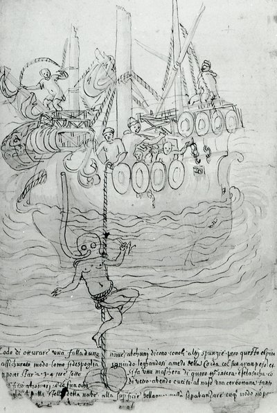 Een man probeert de romp van een boot te repareren met een masker. door Unknown artist