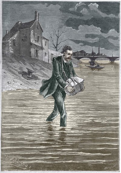 Een man die zichzelf doodt door zichzelf in het water te gooien, een steen om zijn nek, om zichzelf te verdrinken - gravure door Unknown artist