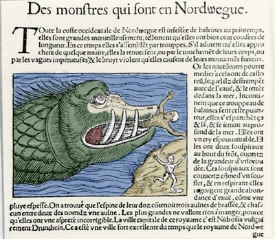 Een zeemonster verslaat een zwemmer nabij de kust van Noorwegen. Gravure door Olaus Magnus (1490 - 1557), Zweedse geestelijke en geograaf, 