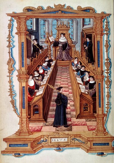 Een meesterklas in een kamer van de Sorbonne Universiteit in Parijs in de Middeleeuwen. Uit een miniatuur. 16e eeuw door Unknown artist